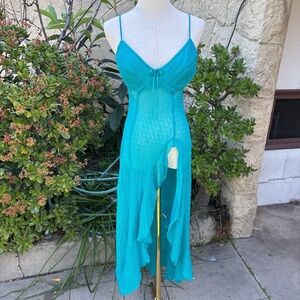VTG 90s Turquoise Sheer Lace Slip Dress